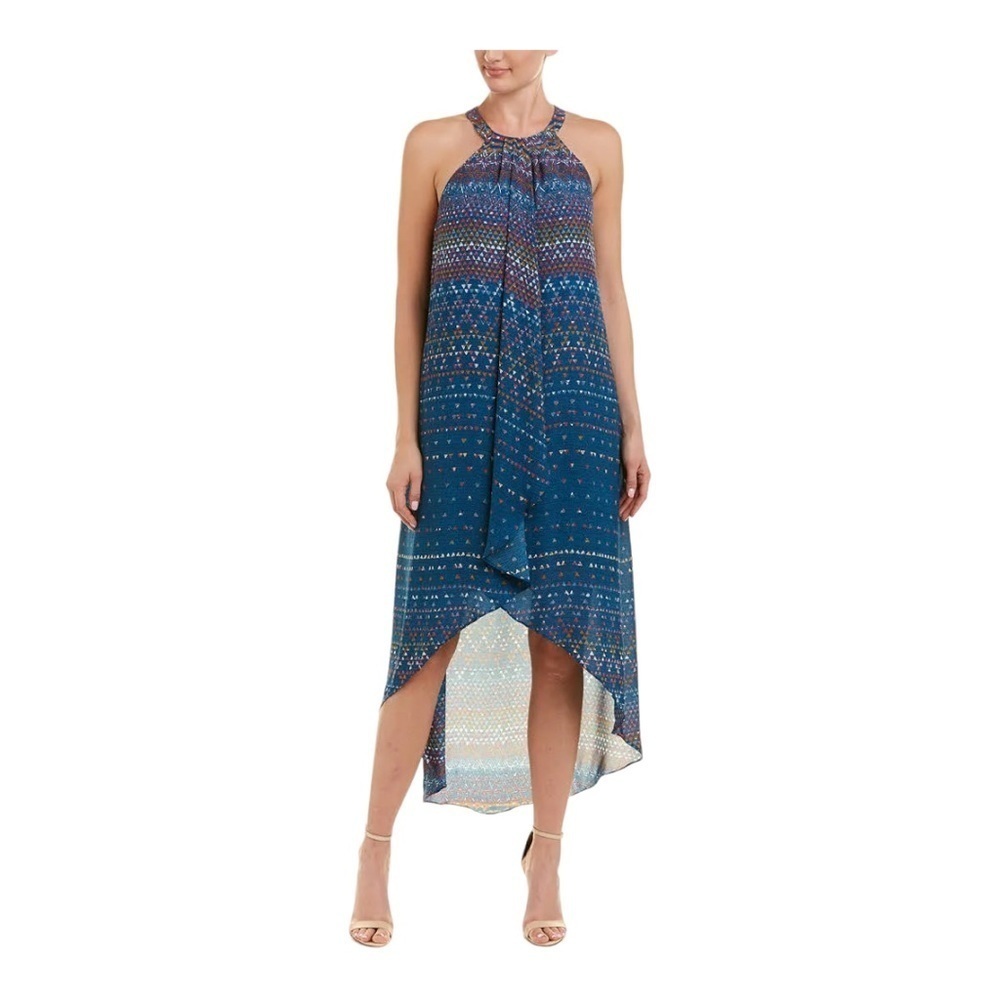 BCBGMAXAZRIA Lanna Sleeveless Hi/Lo Midi Dress Multi-Color Halter Keyhole Back S